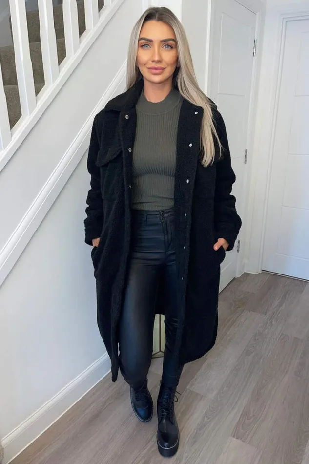 AX Paris Black Oversized Teddy Faux Fur Front Pocket Coat Women Coats and Jackets