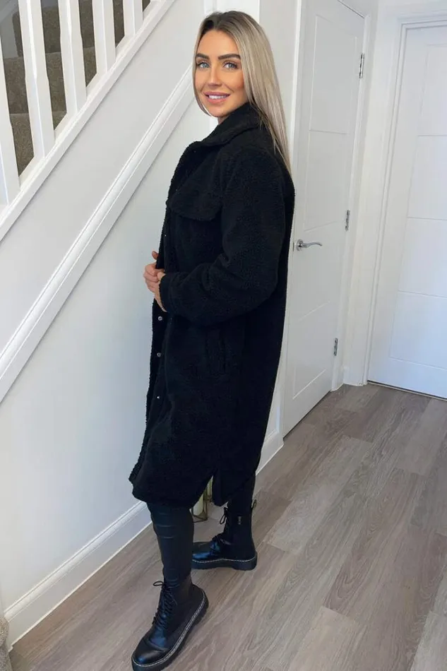 AX Paris Black Oversized Teddy Faux Fur Front Pocket Coat Women Coats and Jackets