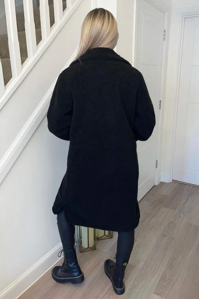 AX Paris Black Oversized Teddy Faux Fur Front Pocket Coat Women Coats and Jackets
