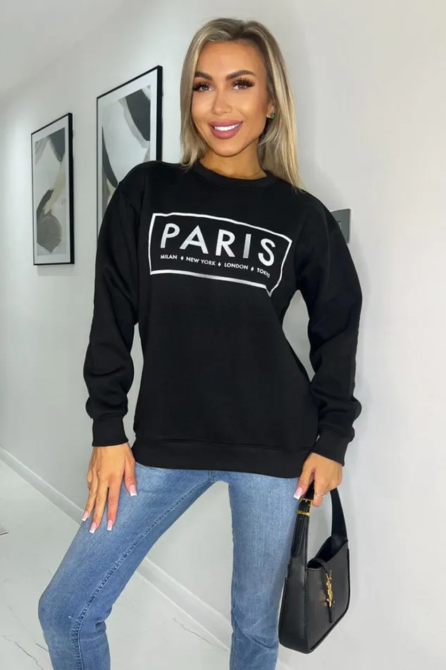 AX Paris Black Paris Slogan Crew Neck Sweatshirt Women Tops