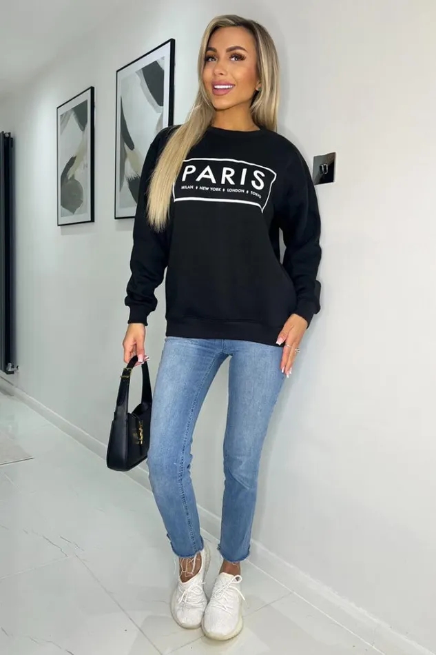 AX Paris Black Paris Slogan Crew Neck Sweatshirt Women Tops