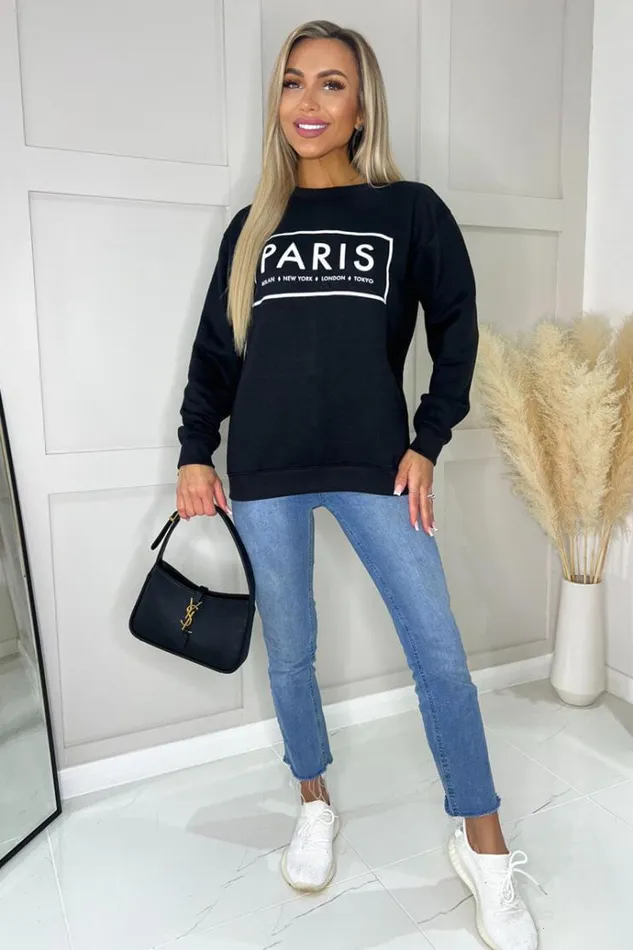 AX Paris Black Paris Slogan Crew Neck Sweatshirt Women Tops