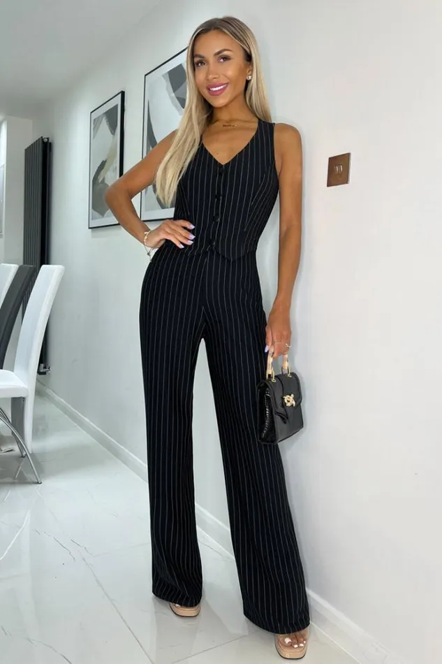AX Paris Black Pinstripe Waistcoat Detail Wide Leg Jumpsuit Women Jumpsuits And Playsuits AX Paris Black Pinstripe Waistcoat Detail Wide Leg Jumpsuit Women Jumpsuits And Playsuits