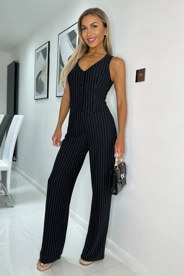 AX Paris Black Pinstripe Waistcoat Detail Wide Leg Jumpsuit Women Jumpsuits And Playsuits