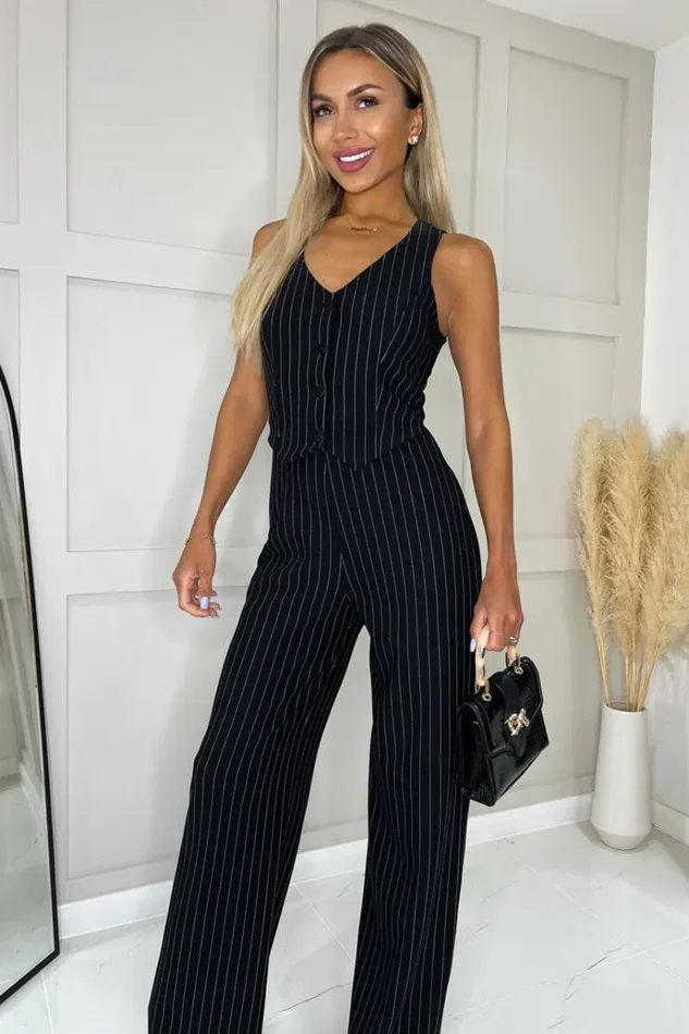 AX Paris Black Pinstripe Waistcoat Detail Wide Leg Jumpsuit Women Jumpsuits And Playsuits