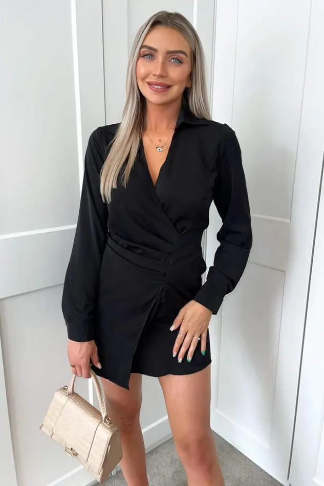 AX Paris Black Pleated Gathered Long Sleeve Mini Dress Women Dresses