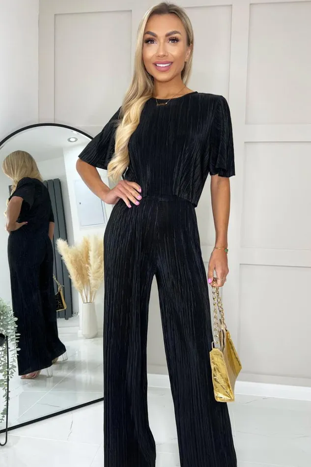 AX Paris Black Plisse Straight Leg Trousers Women Trousers and Leggings