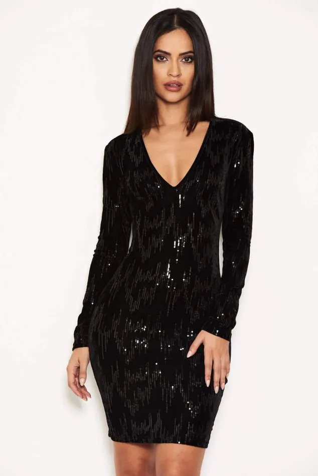 AX Paris Black Plunge Mini Dress With Sequin Detail Women Dresses