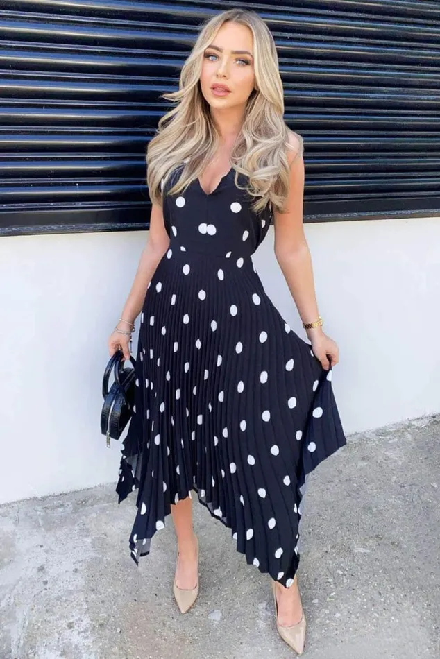 AX Paris Black Polka Dot Sleeveless Pleated Dress Women Dresses