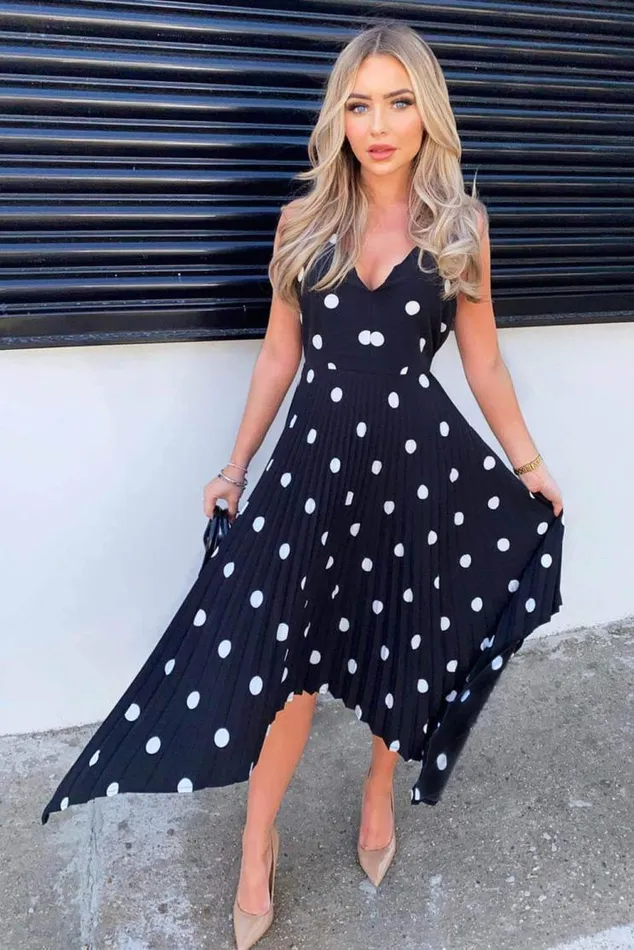 AX Paris Black Polka Dot Sleeveless Pleated Dress Women Dresses