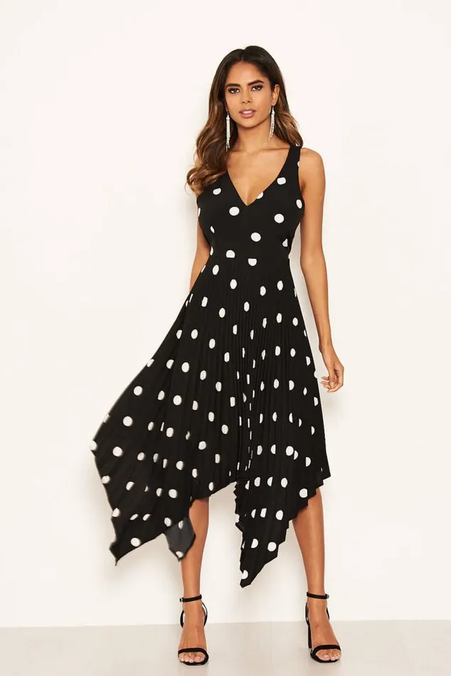 AX Paris Black Polka Dot Sleeveless Pleated Dress Women Dresses