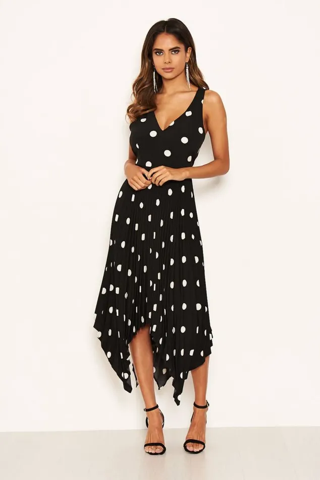 AX Paris Black Polka Dot Sleeveless Pleated Dress Women Dresses