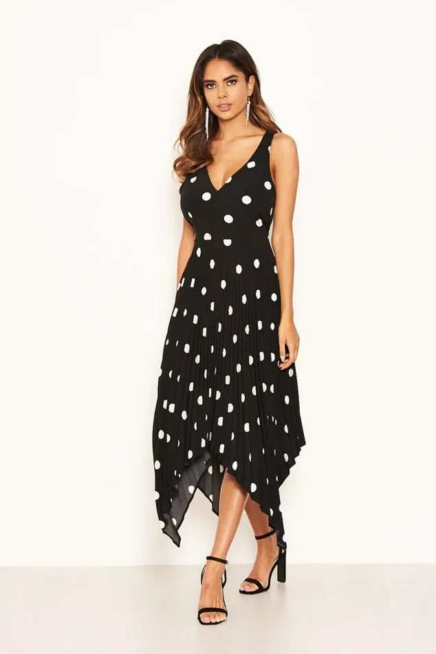AX Paris Black Polka Dot Sleeveless Pleated Dress Women Dresses