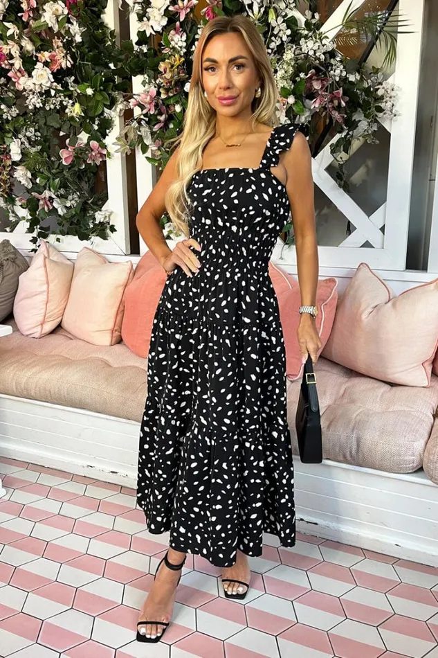 AX Paris Black Printed Frill Strap Midi Dress Women Dresses