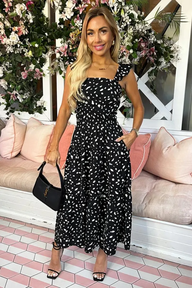AX Paris Black Printed Frill Strap Midi Dress Women Dresses