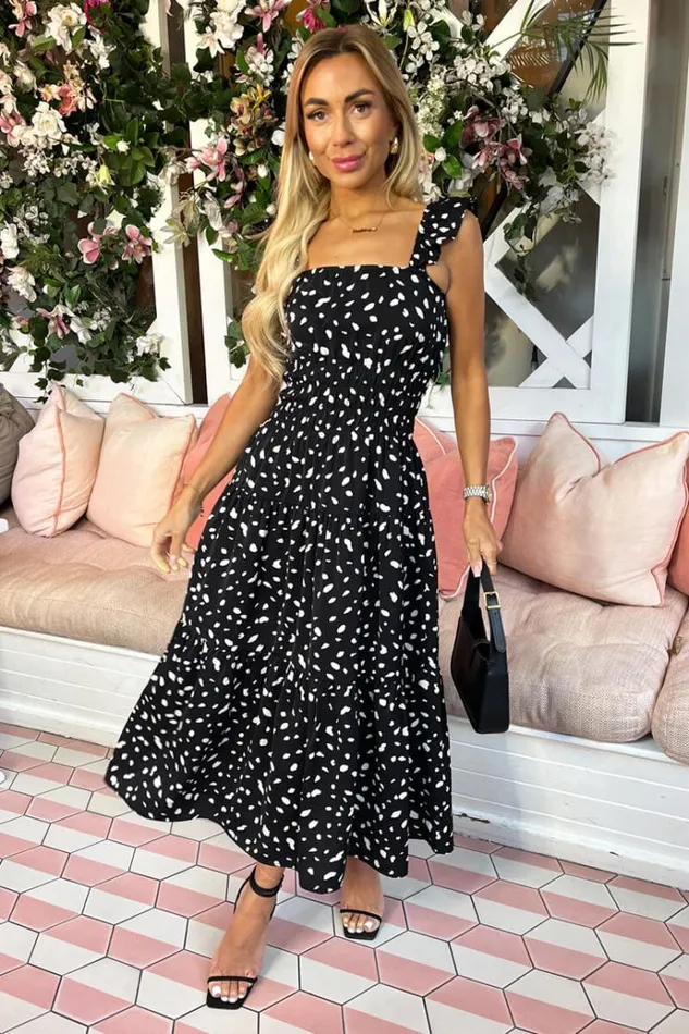 AX Paris Black Printed Frill Strap Midi Dress Women Dresses