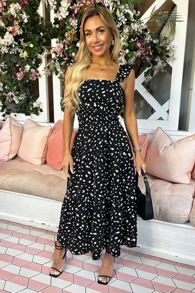 AX Paris Black Printed Frill Strap Midi Dress Women Dresses