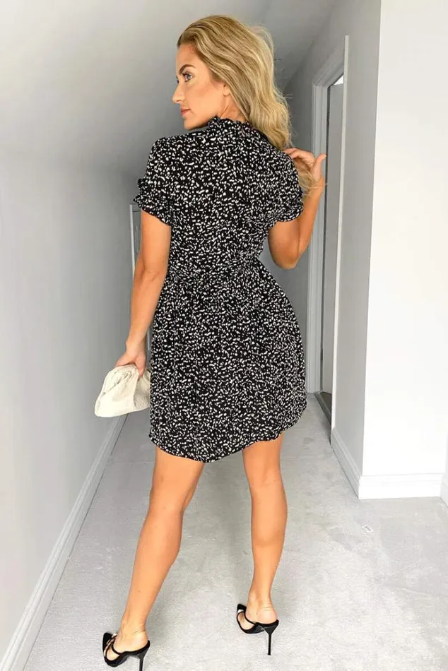 AX Paris Black Printed Frilled Mini Skater Dress Women Dresses