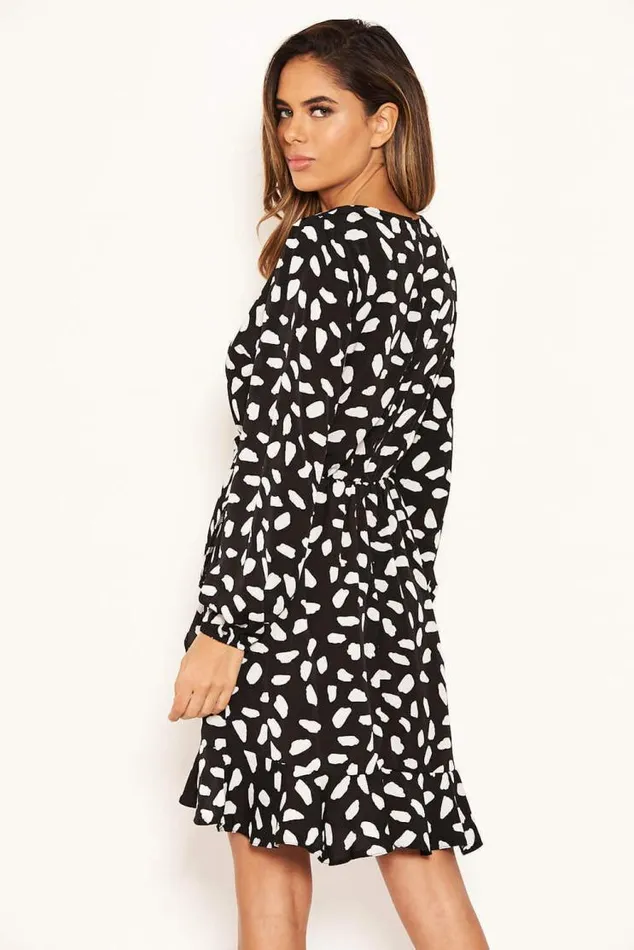 AX Paris Black Printed Long Sleeved Wrap Dress Women Dresses