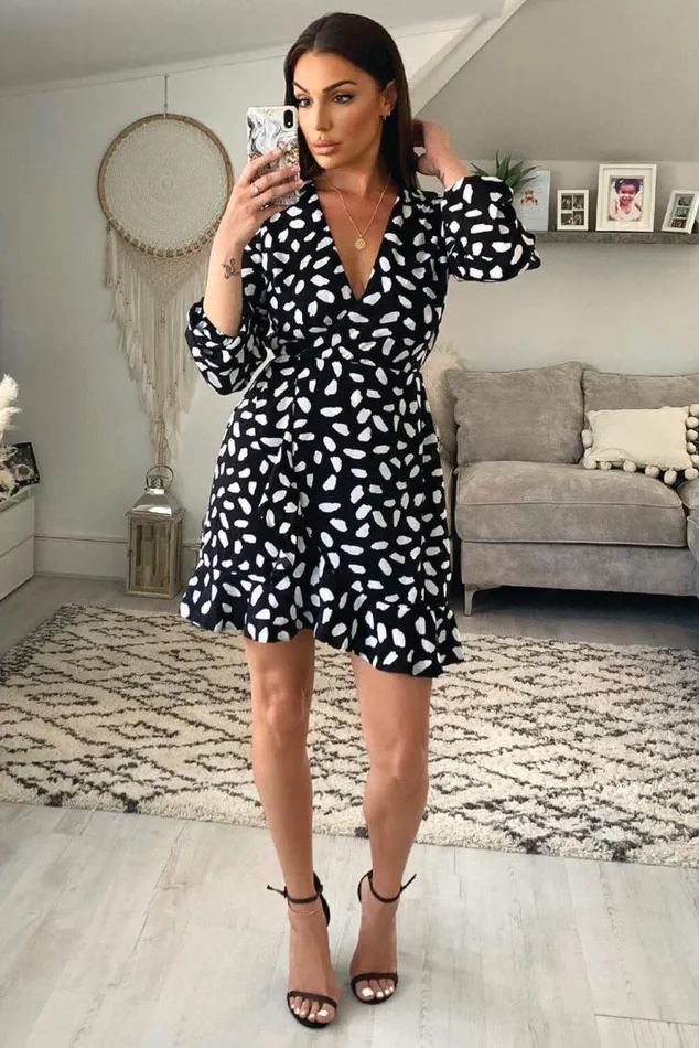 AX Paris Black Printed Long Sleeved Wrap Dress Women Dresses