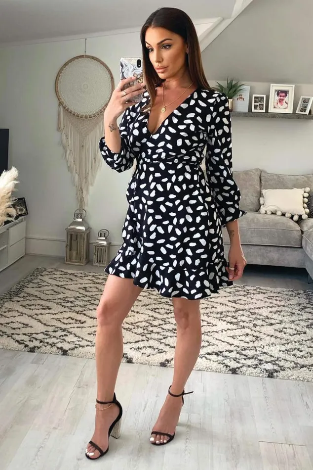 AX Paris Black Printed Long Sleeved Wrap Dress Women Dresses