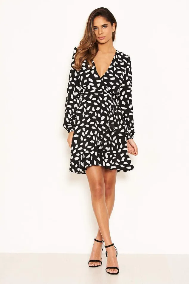 AX Paris Black Printed Long Sleeved Wrap Dress Women Dresses