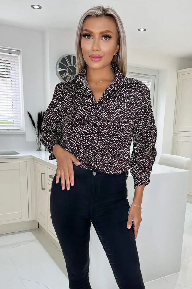 AX Paris Black Printed Ruched Sleeve Shirt Women Tops