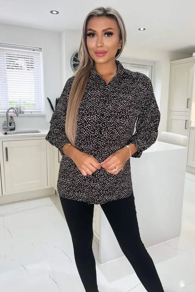 AX Paris Black Printed Ruched Sleeve Shirt Women Tops