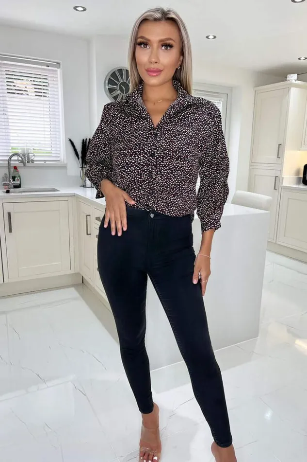 AX Paris Black Printed Ruched Sleeve Shirt Women Tops