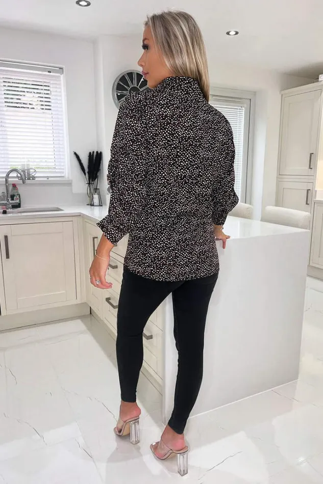 AX Paris Black Printed Ruched Sleeve Shirt Women Tops
