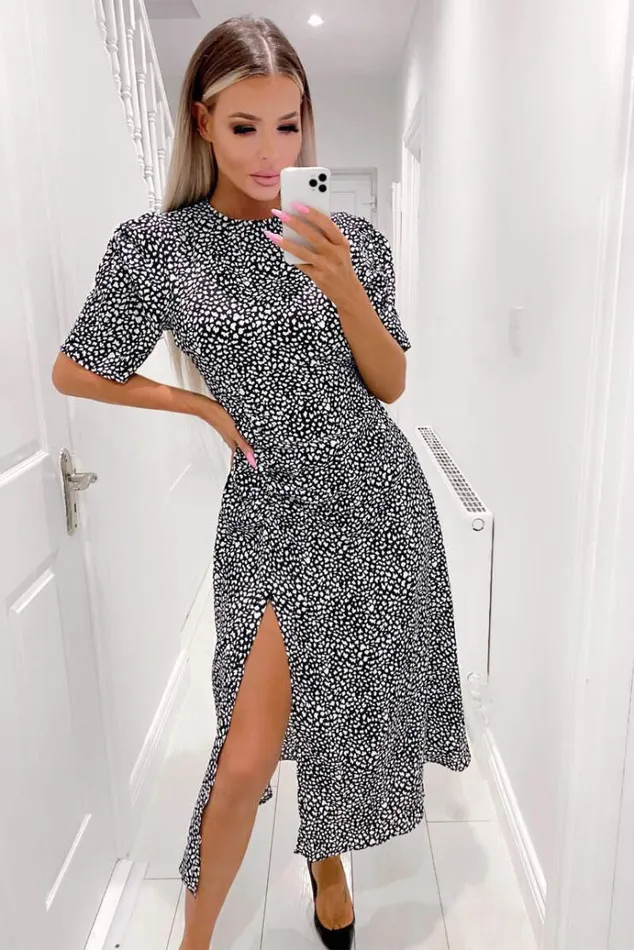 AX Paris Black Printed Split Hem Midi Dress Women Dresses