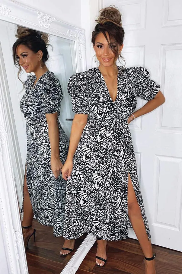 AX Paris Black Printed Split Leg Midi Dress Women Dresses