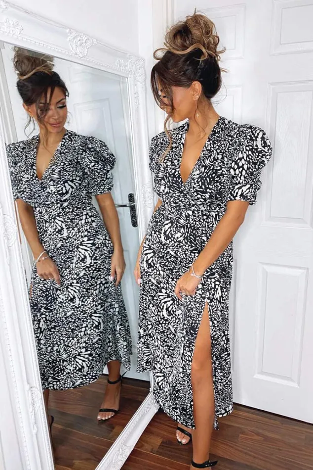 AX Paris Black Printed Split Leg Midi Dress Women Dresses