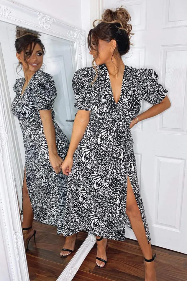AX Paris Black Printed Split Leg Midi Dress Women Dresses