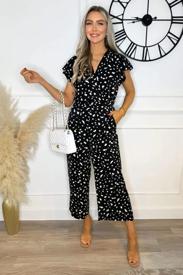 AX Paris Black Printed Wrap Short Frill Sleeved Jumpsuit Women Jumpsuits And Playsuits