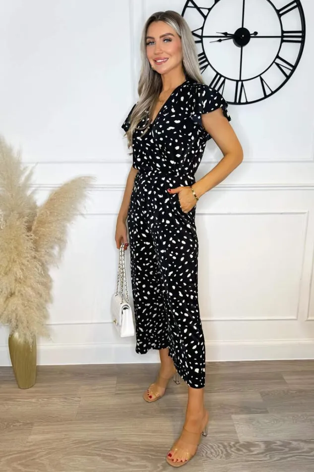 AX Paris Black Printed Wrap Short Frill Sleeved Jumpsuit Women Jumpsuits And Playsuits