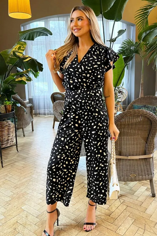 AX Paris Black Printed Wrap Short Frill Sleeved Jumpsuit Women Jumpsuits And Playsuits