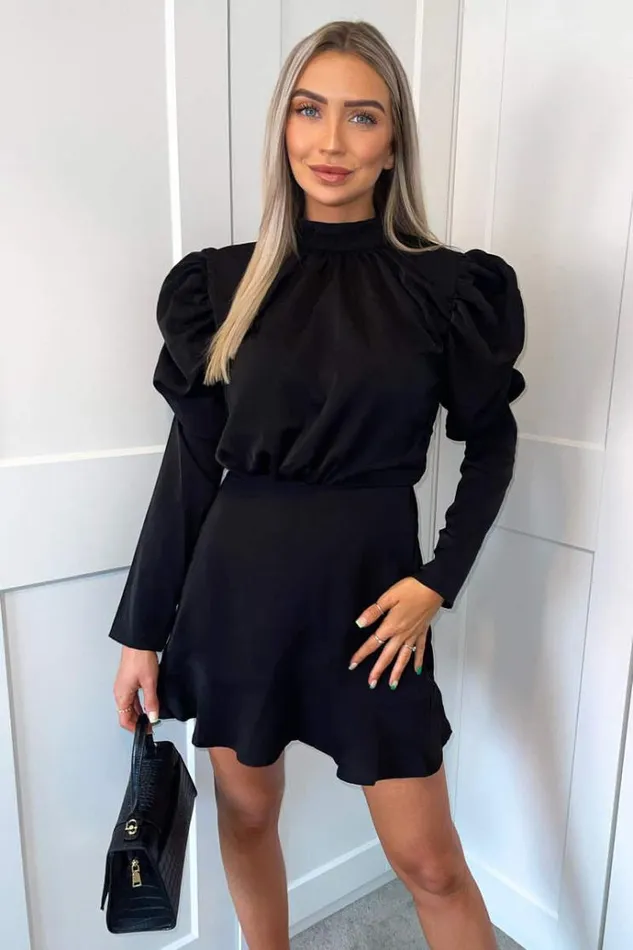 AX Paris Black Puff Sleeve Skater Dress Women Dresses
