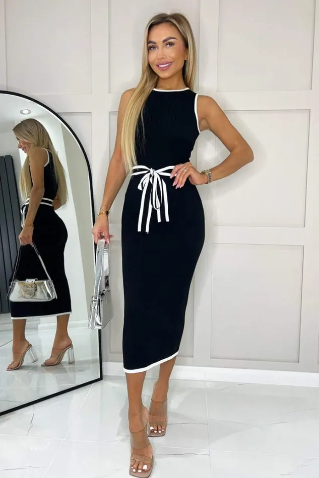 AX Paris Black Ribbed Contrast Detail Knitted Dress Women Dresses