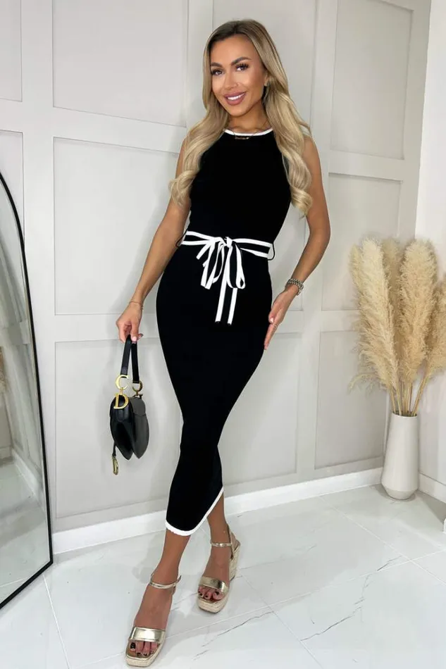 AX Paris Black Ribbed Contrast Detail Knitted Dress Women Dresses