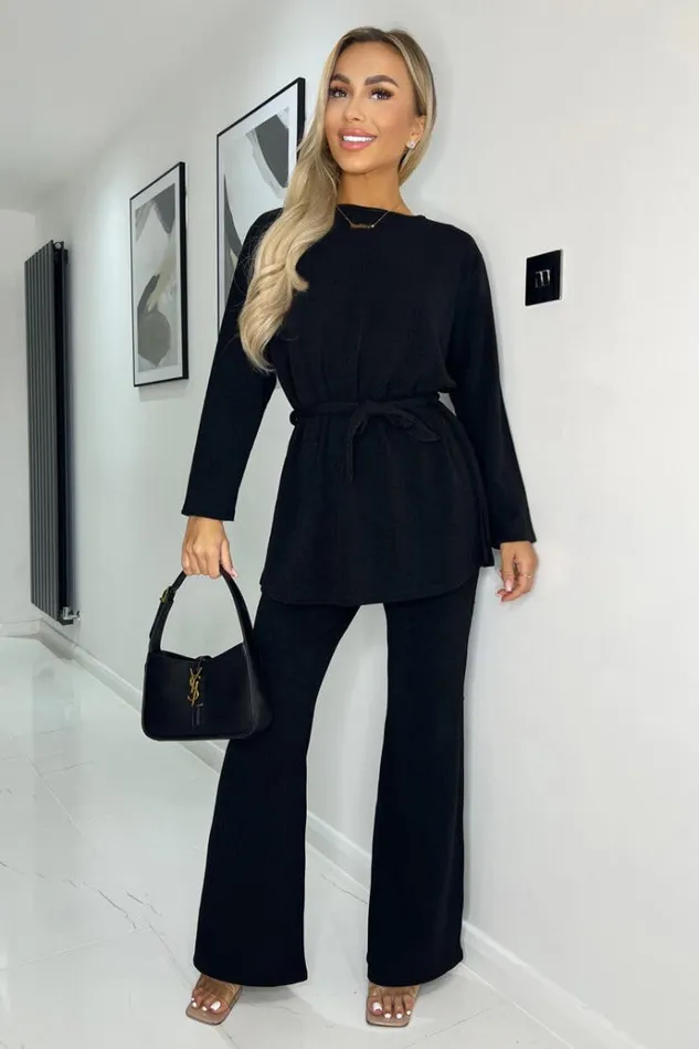 AX Paris Black Ribbed Knit Flared Lounge Trousers Women Trousers and Leggings
