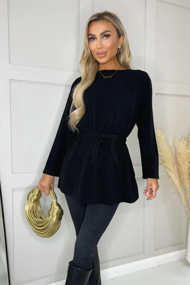 AX Paris Black Ribbed Knit Long Sleeve Tie Waist Lounge Top Women Coords