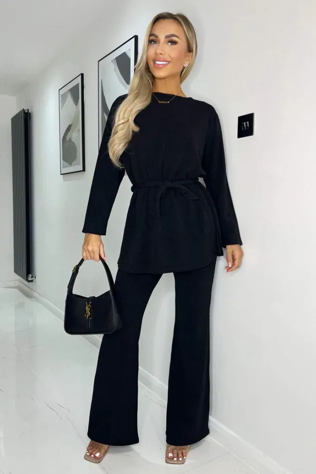 AX Paris Black Ribbed Knit Long Sleeve Tie Waist Lounge Top Women Coords