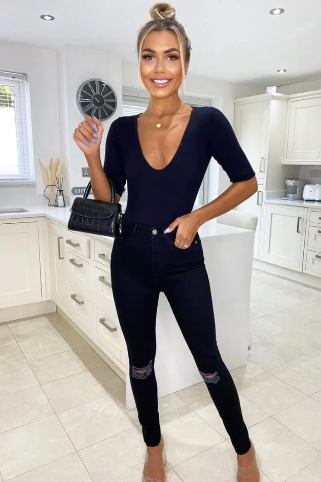 AX Paris Black Ripped Knee Skinny Jeans Women Trousers and Leggings