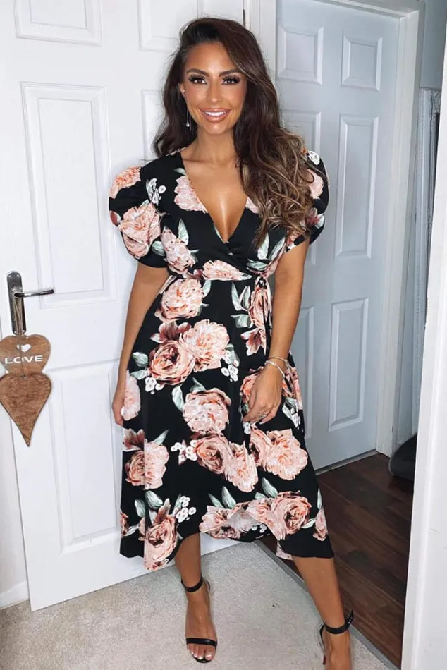 AX Paris Black Rose Printed Wrap Midi Dress Women Dresses