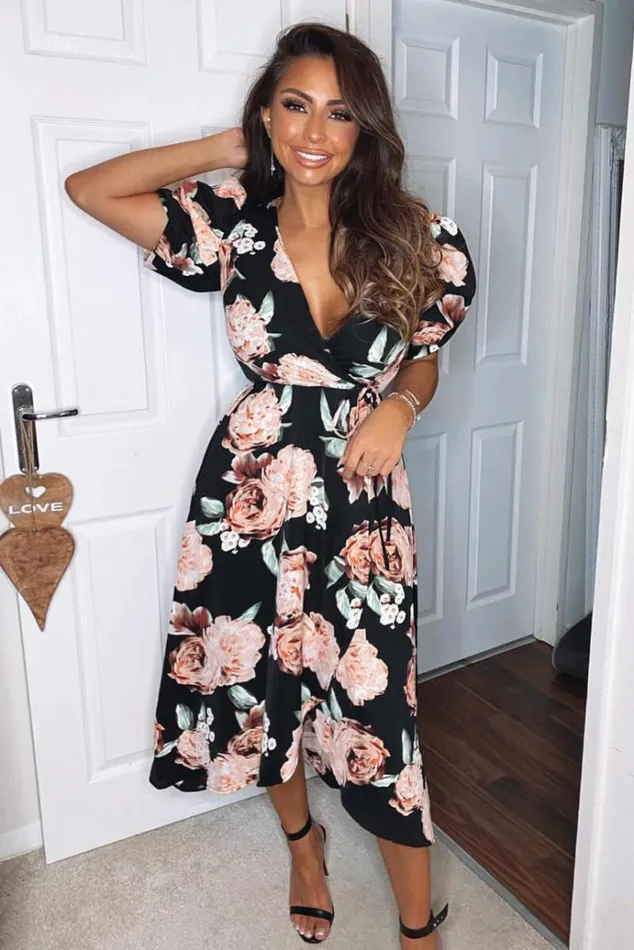 AX Paris Black Rose Printed Wrap Midi Dress Women Dresses