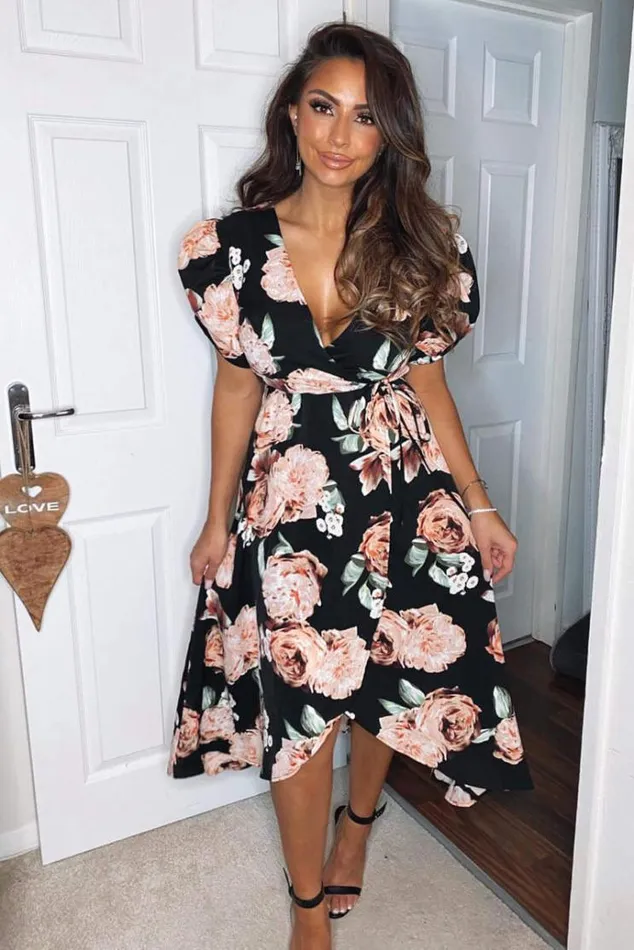 AX Paris Black Rose Printed Wrap Midi Dress Women Dresses
