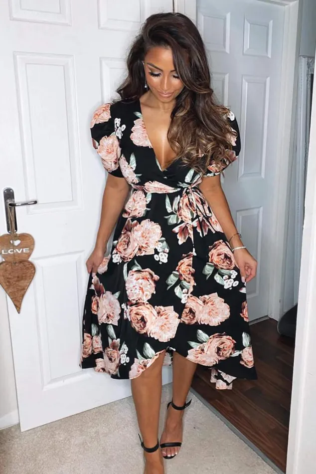AX Paris Black Rose Printed Wrap Midi Dress Women Dresses