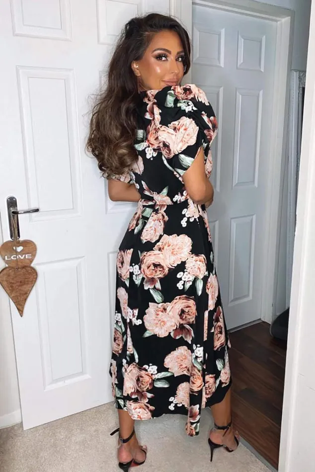 AX Paris Black Rose Printed Wrap Midi Dress Women Dresses