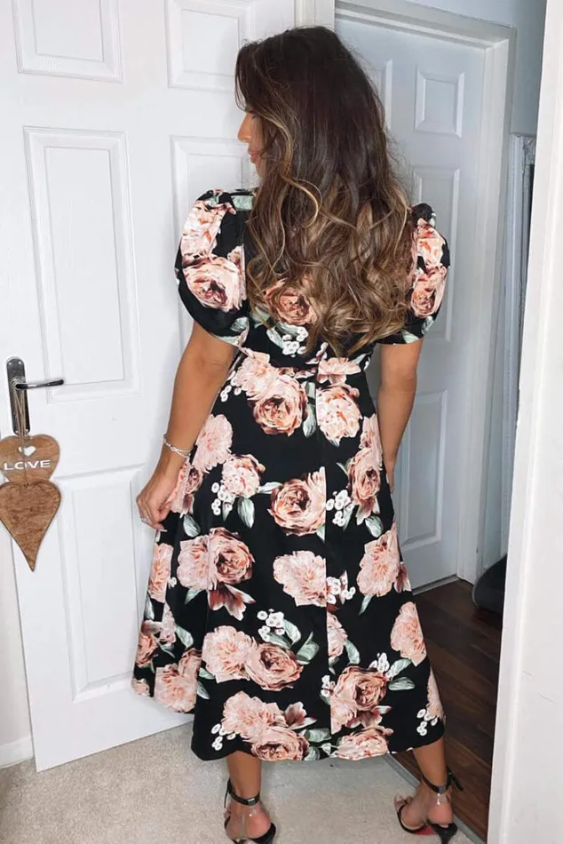 AX Paris Black Rose Printed Wrap Midi Dress Women Dresses